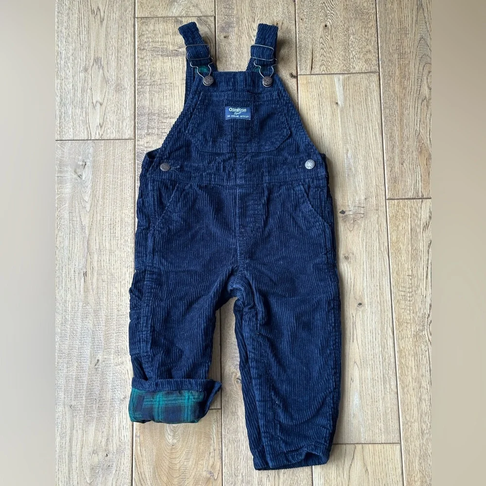 OshKosh B’gosh Navy Blue Corduroy Plaid Lined Overalls size 18 Months